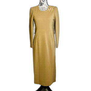 VTG  Dressmaker Harvest Tan Stretch Embellished Midi Dress Small Chic MOD